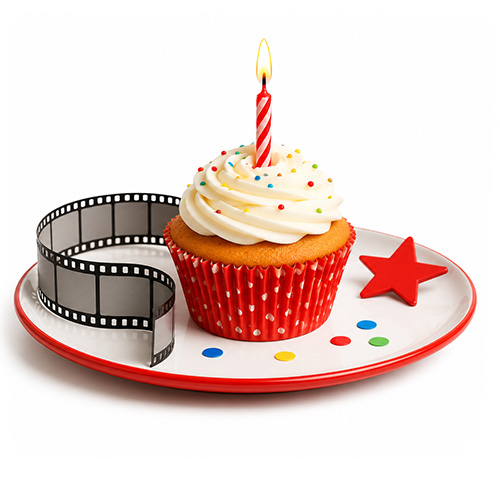 Geburtstagsmuffin mit Kerze, Filmstreifen und Konfetti