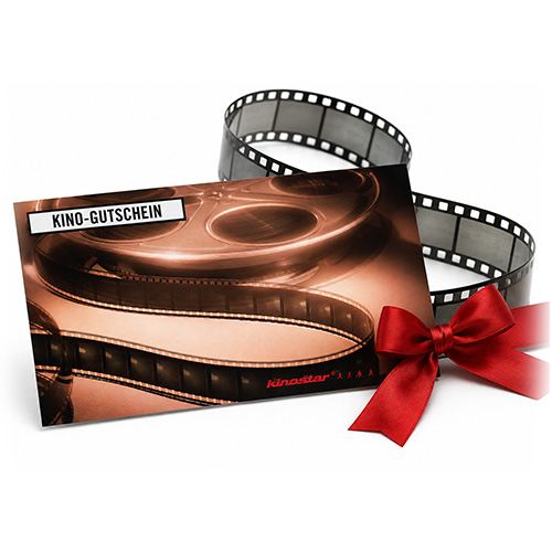 Kinostar Kinogutschein mit roter Schleife und Filmstreifen